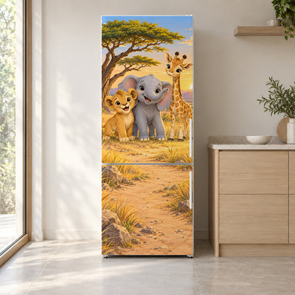 Cartoon Safari Friends fridge wrap on a white refrigerator in a bright kitchen
