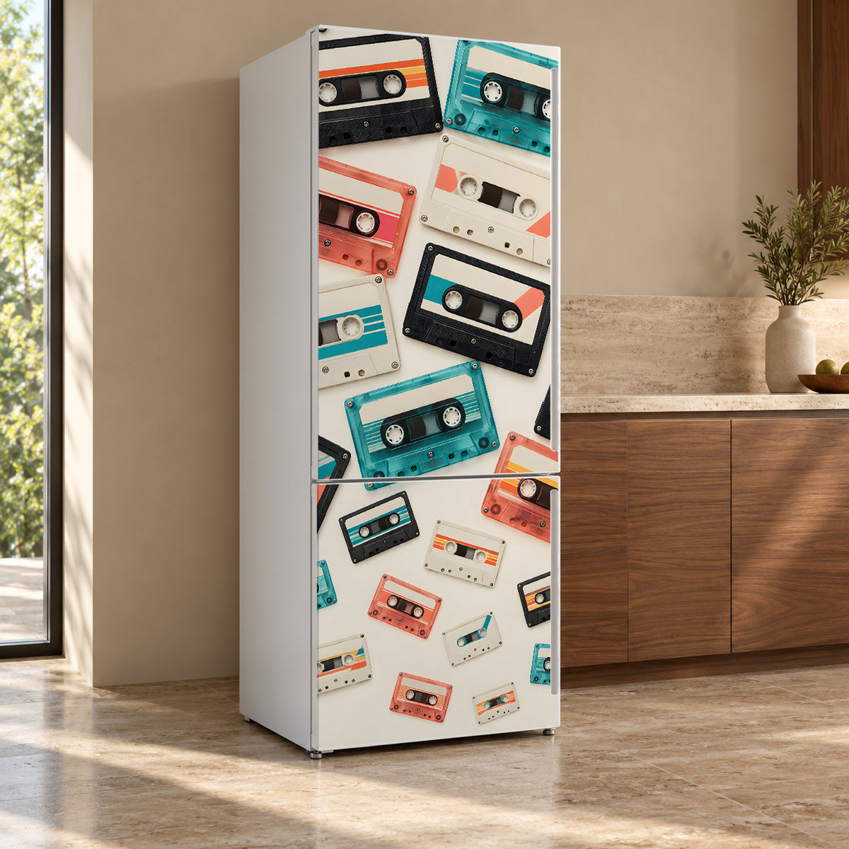 Cassette Tapes fridge wrap, refrigerator shown at an angle