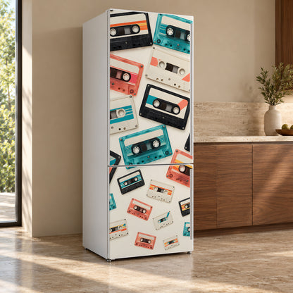Cassette Tapes fridge wrap, refrigerator shown at an angle