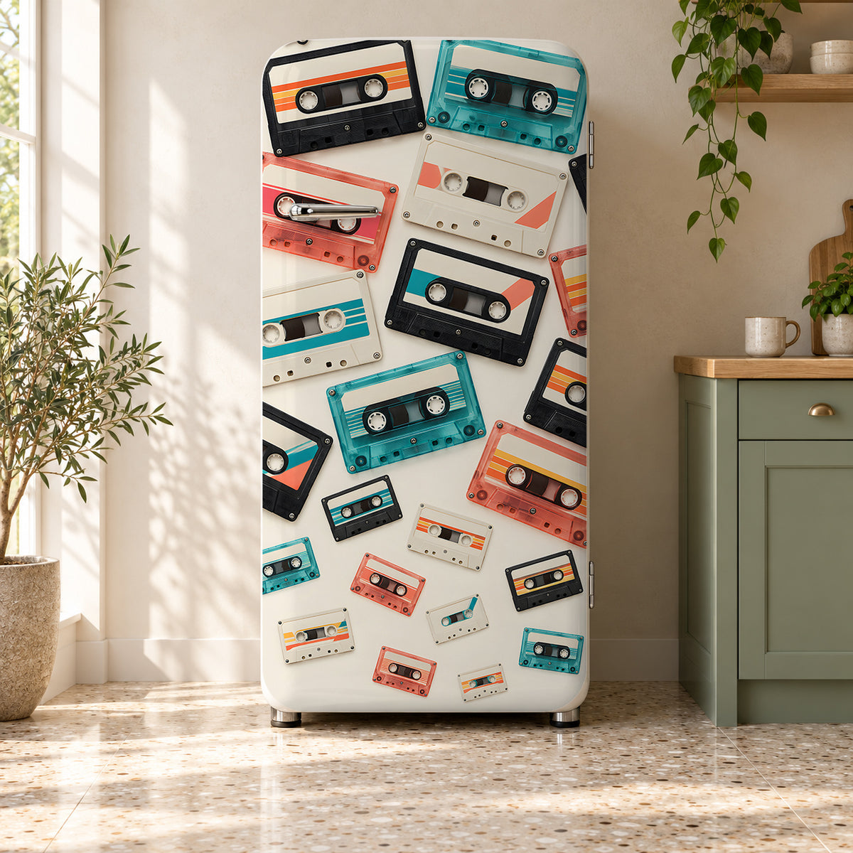 Cassette Tapes fridge wrap on a retro refrigerator