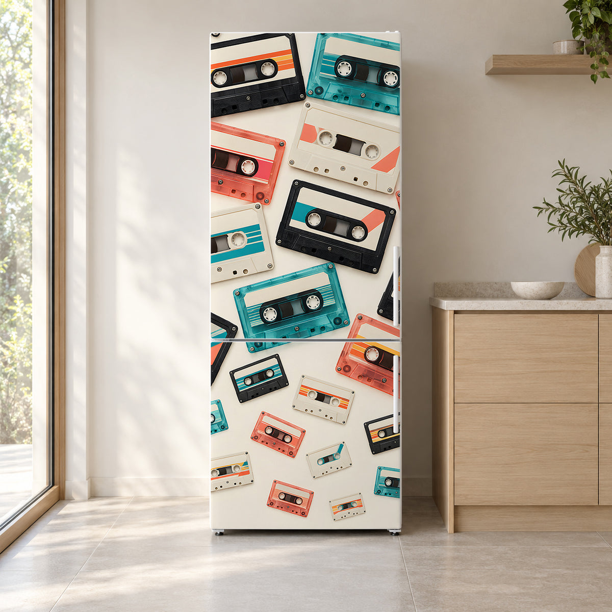 Cassette Tapes fridge wrap on a white refrigerator in a bright kitchen