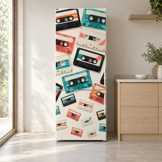 Cassette Tapes fridge wrap on a white refrigerator in a bright kitchen