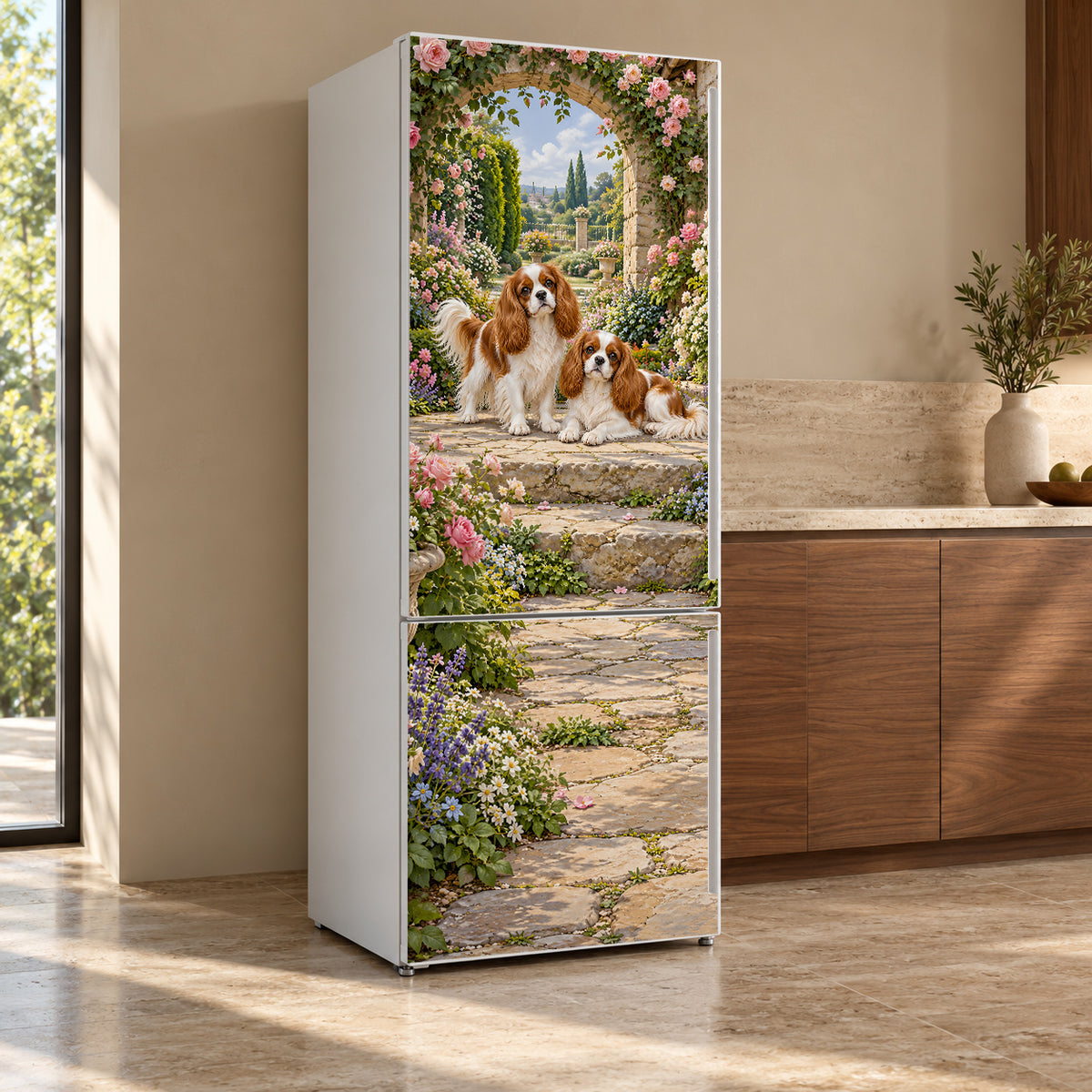 Cavalier King Charles Spaniels fridge wrap, refrigerator shown at an angle