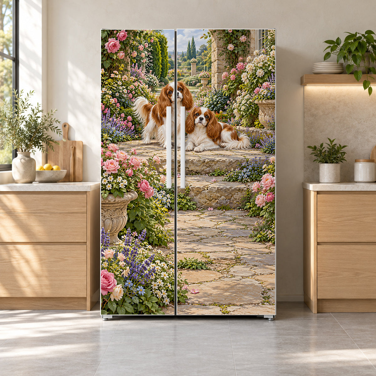 Cavalier King Charles Spaniels fridge wrap on a side-by-side refrigerator