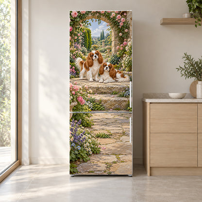 Cavalier King Charles Spaniels fridge wrap on a white refrigerator in a bright kitchen