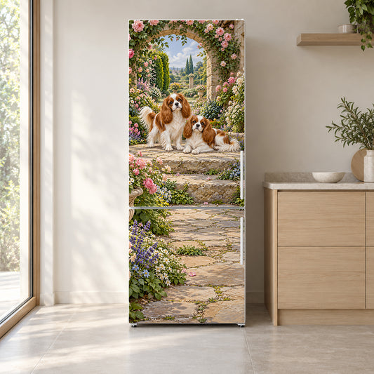 Cavalier King Charles Spaniels fridge wrap on a white refrigerator in a bright kitchen