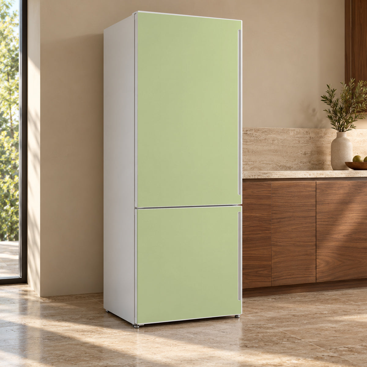 Celery Green fridge wrap, refrigerator shown at an angle