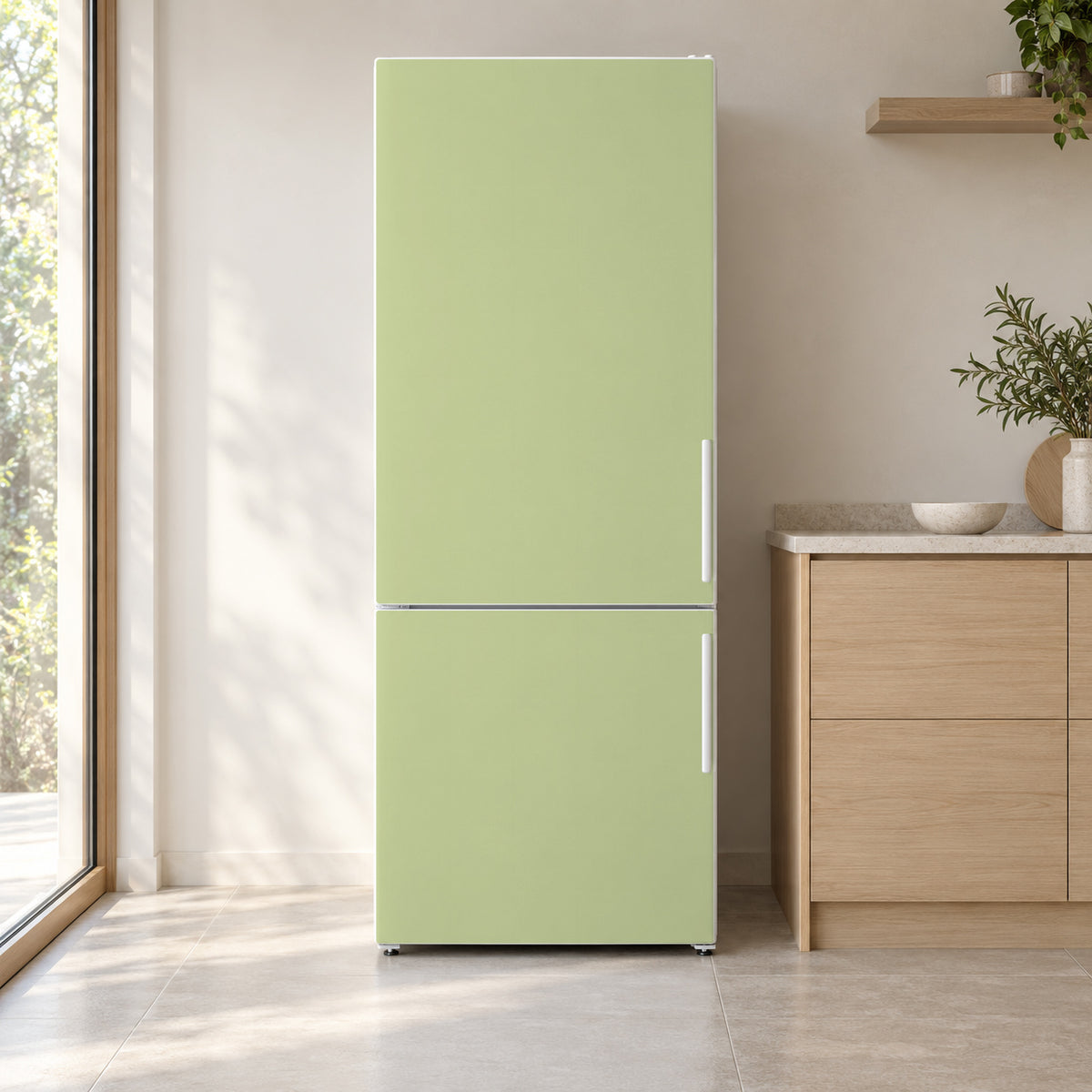 Celery Green fridge wrap on a white refrigerator in a bright kitchen