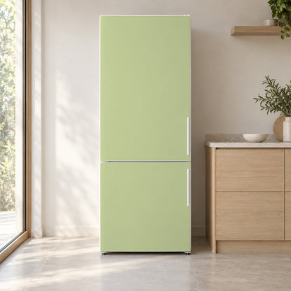 Celery Green fridge wrap on a white refrigerator in a bright kitchen