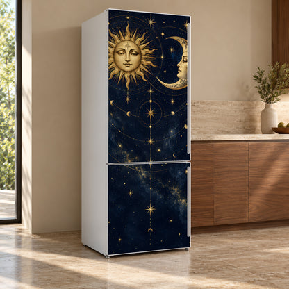 Celestial Sun & Moon fridge wrap, refrigerator shown at an angle