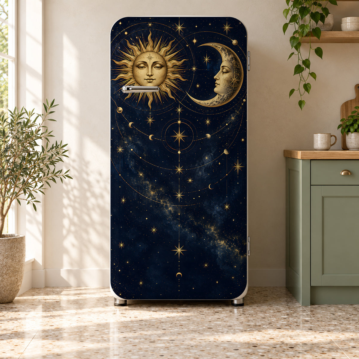 Celestial Sun & Moon fridge wrap on a retro refrigerator