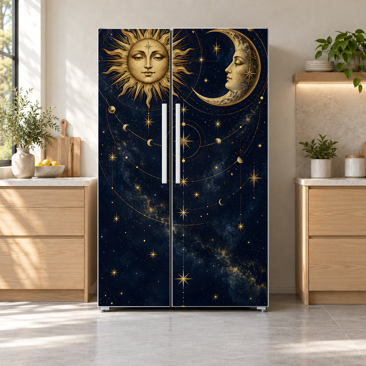 Celestial Sun & Moon fridge wrap on a side-by-side refrigerator