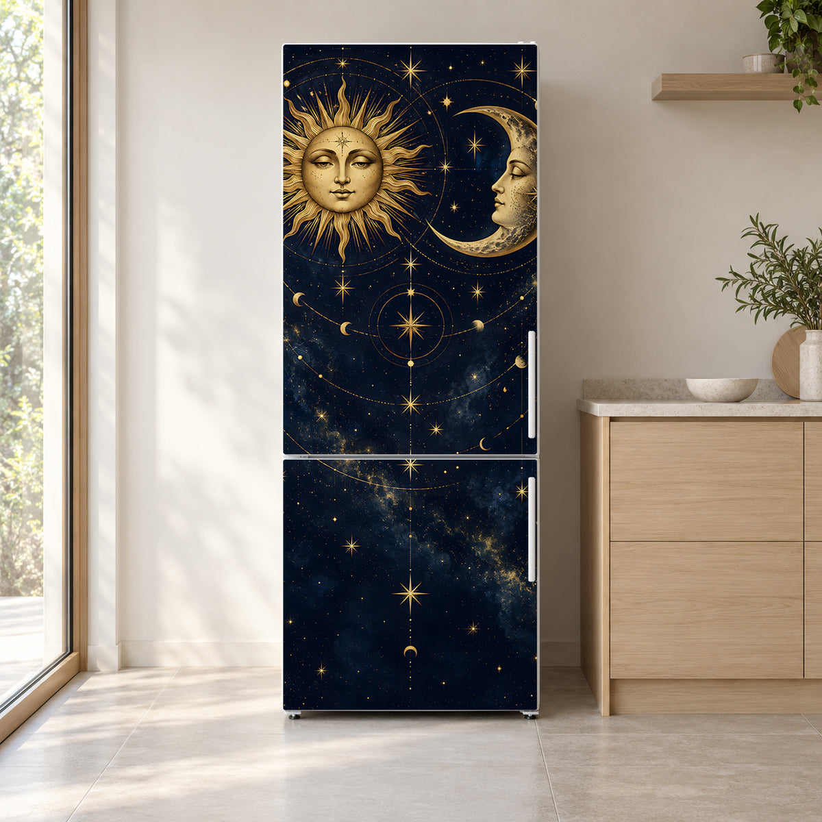 Celestial Sun & Moon fridge wrap on a white refrigerator in a bright kitchen