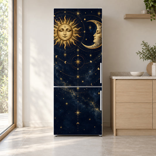 Celestial Sun & Moon fridge wrap on a white refrigerator in a bright kitchen