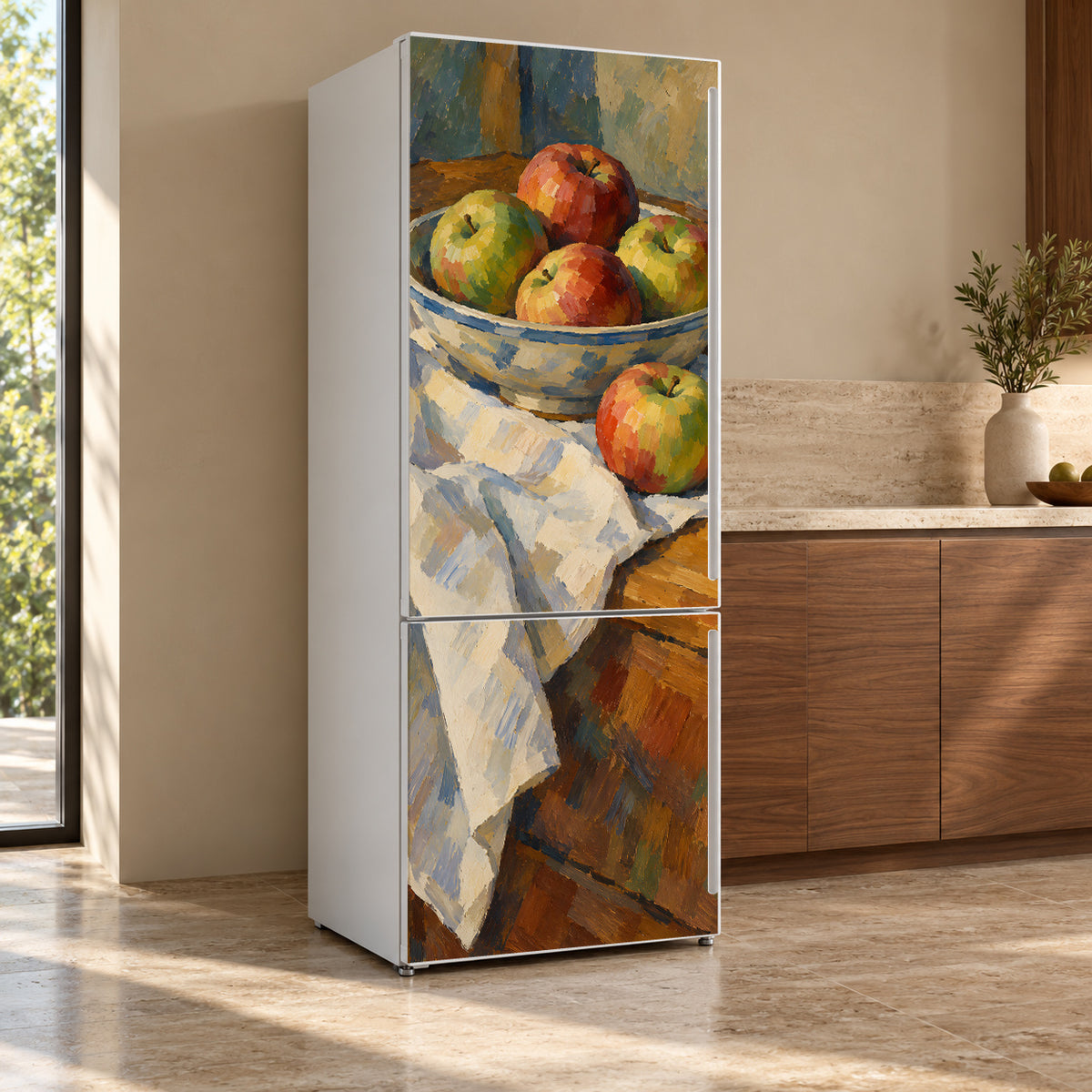 Cézanne-Inspired Apples Still Life fridge wrap, refrigerator shown at an angle