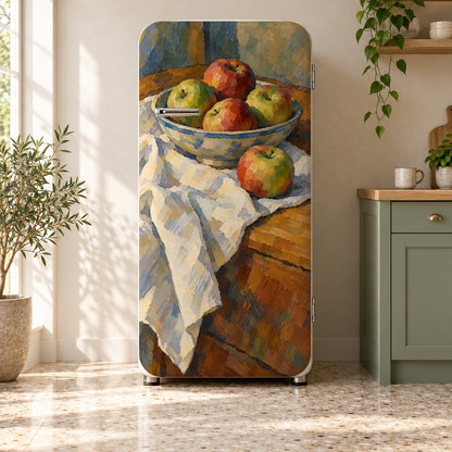 Cézanne-Inspired Apples Still Life fridge wrap on a retro refrigerator