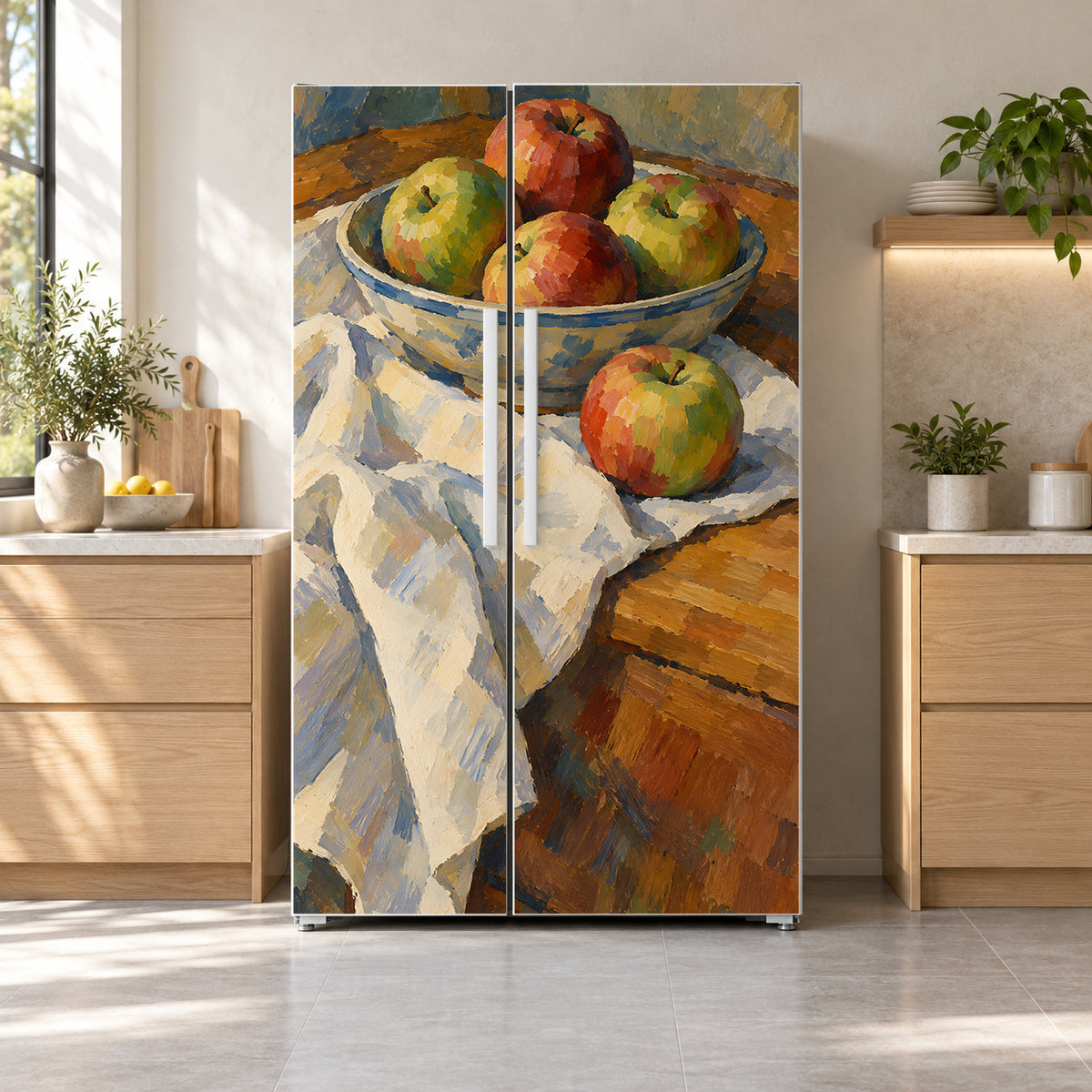 Cézanne-Inspired Apples Still Life fridge wrap on a side-by-side refrigerator