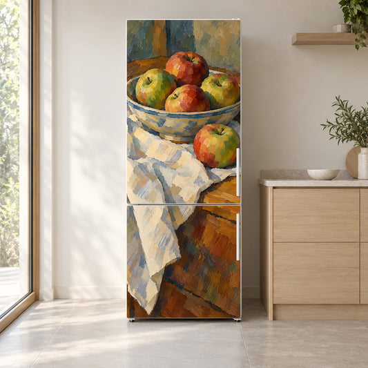 Cézanne-Inspired Apples Still Life fridge wrap on a white refrigerator in a bright kitchen