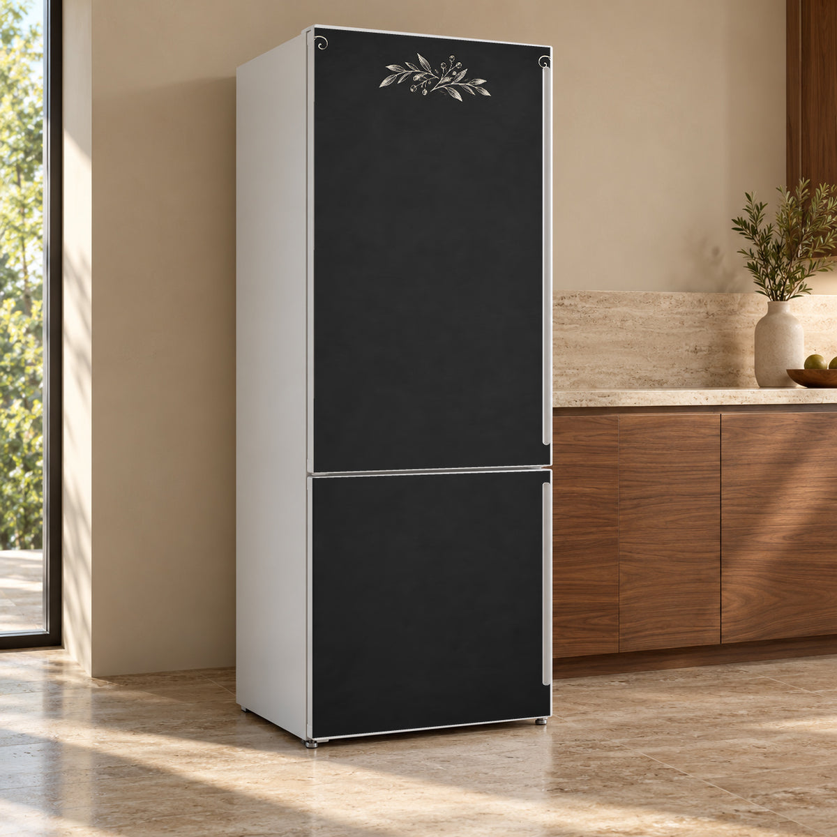 Chalkboard Look fridge wrap, refrigerator shown at an angle