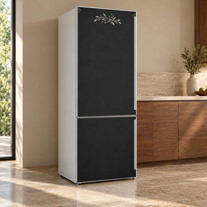 Chalkboard Look fridge wrap, refrigerator shown at an angle