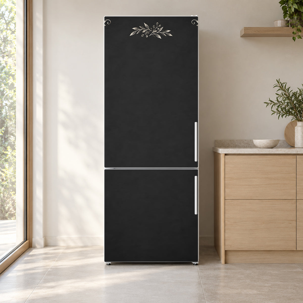 Chalkboard Look fridge wrap on a white refrigerator in a bright kitchen