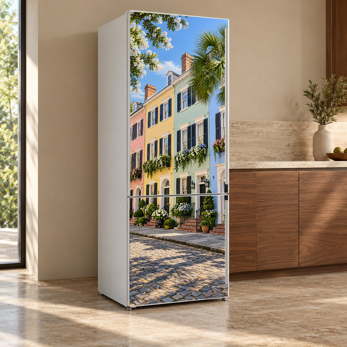 Charleston Rainbow Row fridge wrap, refrigerator shown at an angle