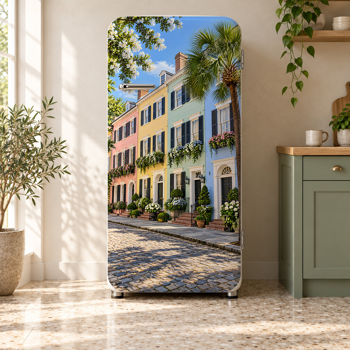 Charleston Rainbow Row fridge wrap on a retro refrigerator