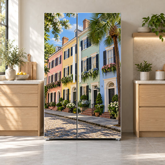 Charleston Rainbow Row fridge wrap on a side-by-side refrigerator