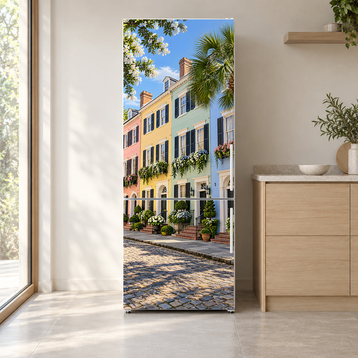 Charleston Rainbow Row fridge wrap on a white refrigerator in a bright kitchen