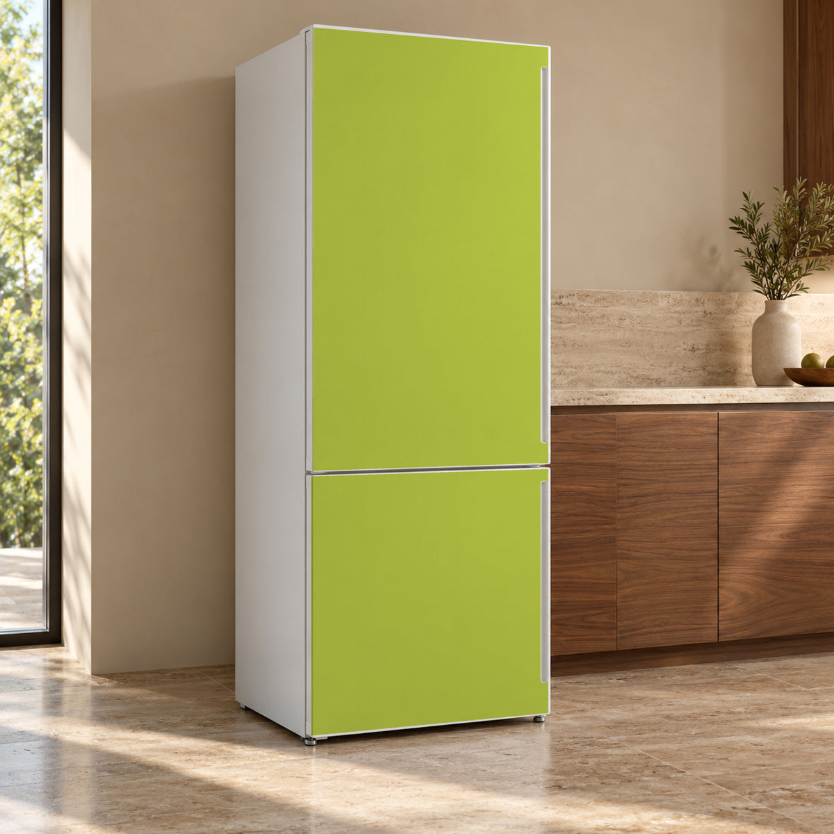 Chartreuse Green fridge wrap, refrigerator shown at an angle