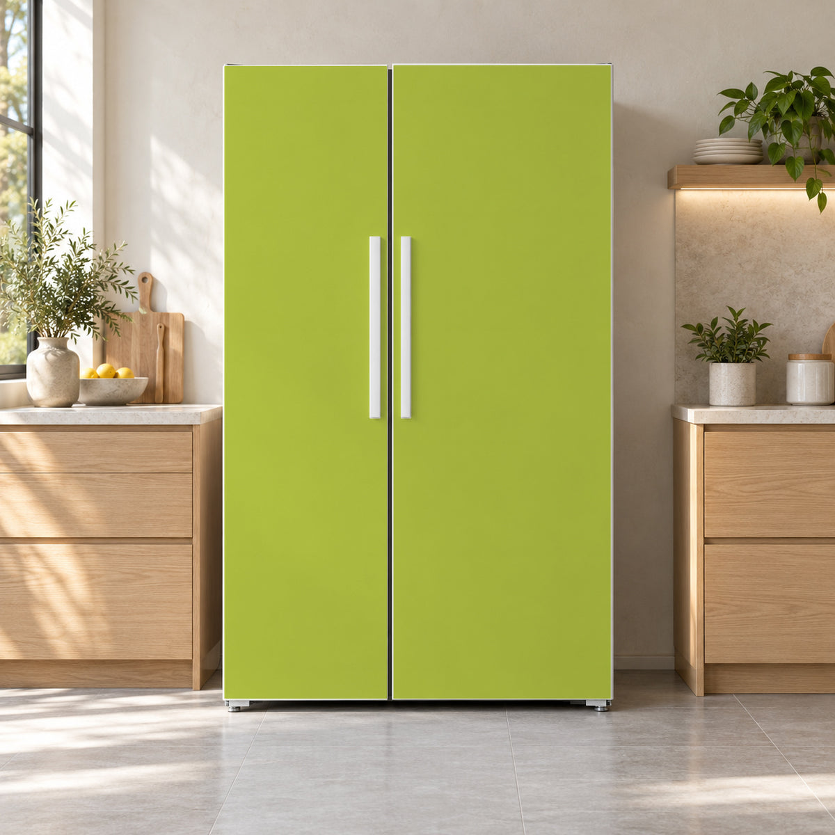 Chartreuse Green fridge wrap on a side-by-side refrigerator