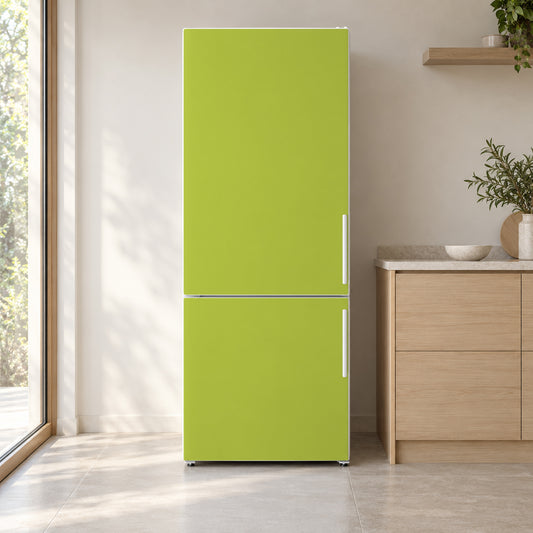 Chartreuse Green fridge wrap on a white refrigerator in a bright kitchen