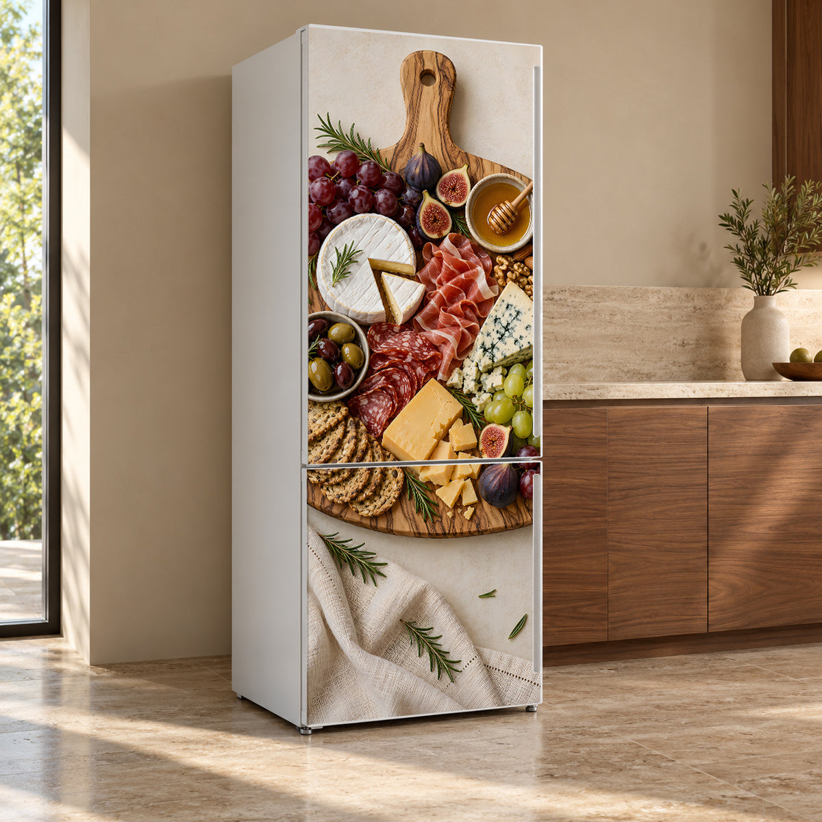 Cheese & Charcuterie Board fridge wrap, refrigerator shown at an angle