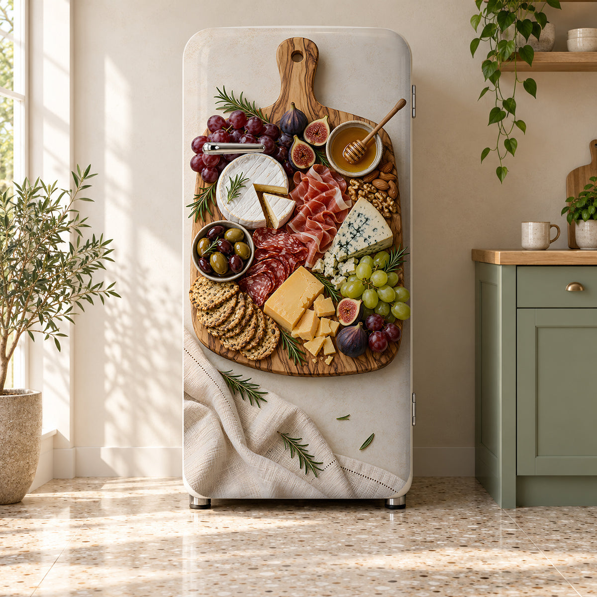 Cheese & Charcuterie Board fridge wrap on a retro refrigerator