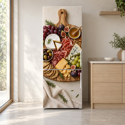 Cheese & Charcuterie Board fridge wrap on a white refrigerator in a bright kitchen