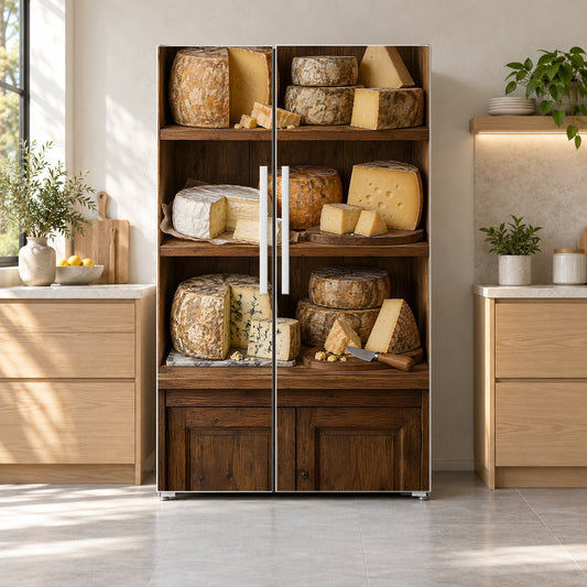 Cheese Shop Shelves fridge wrap on a side-by-side refrigerator