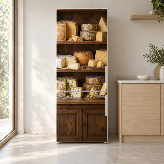 Cheese Shop Shelves fridge wrap on a white refrigerator in a bright kitchen