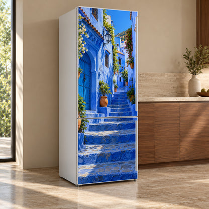 Chefchaouen Blue Streets fridge wrap, refrigerator shown at an angle