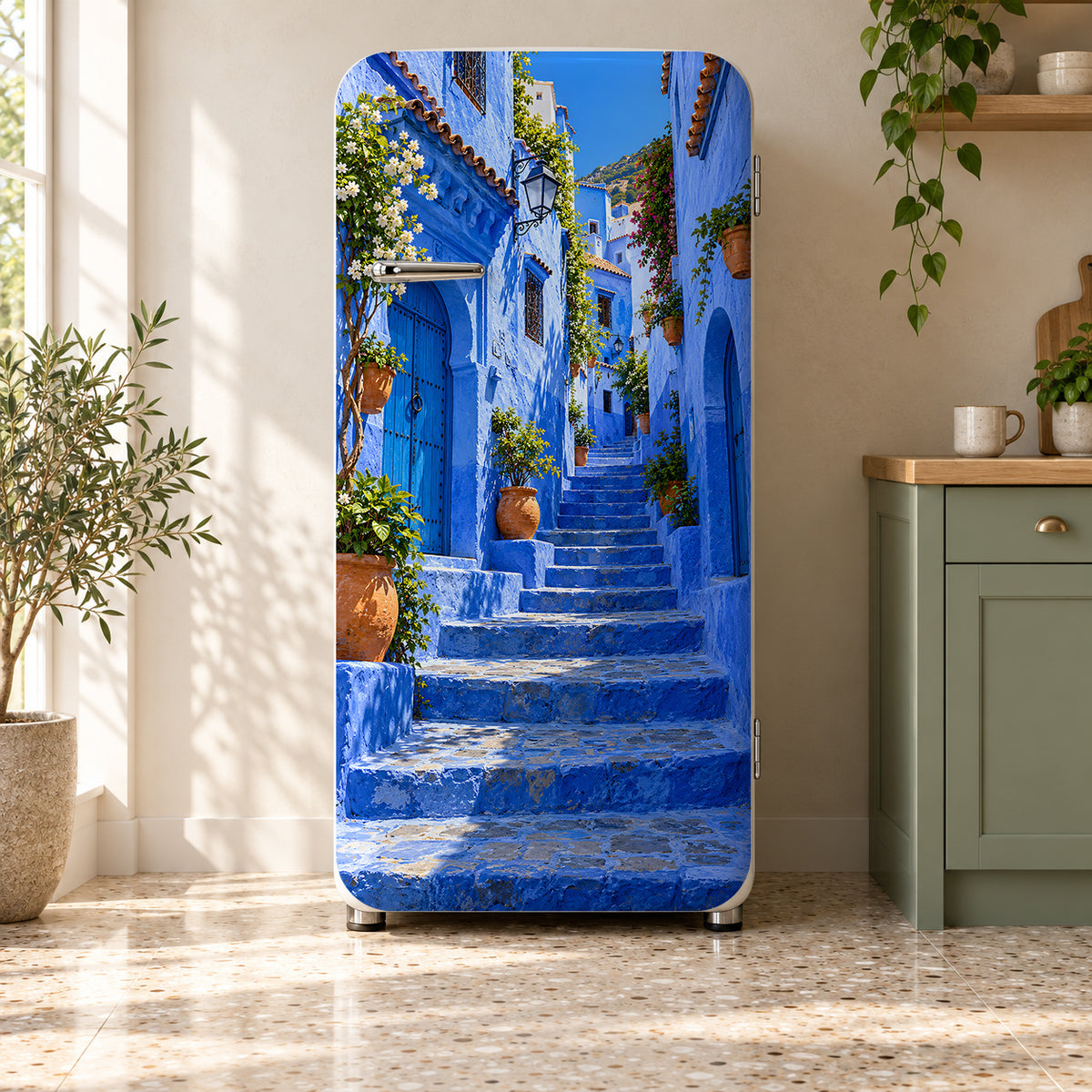 Chefchaouen Blue Streets fridge wrap on a retro refrigerator