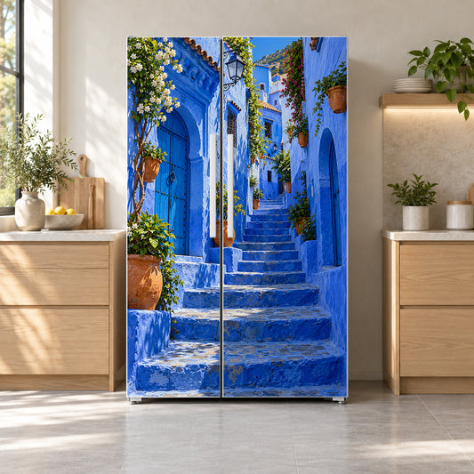 Chefchaouen Blue Streets fridge wrap on a side-by-side refrigerator