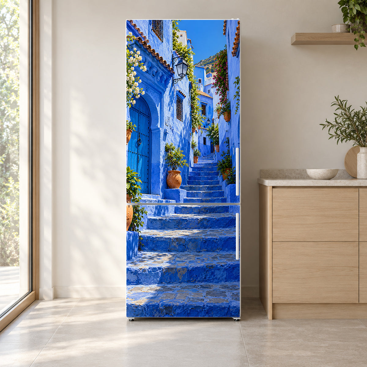 Chefchaouen Blue Streets fridge wrap on a white refrigerator in a bright kitchen