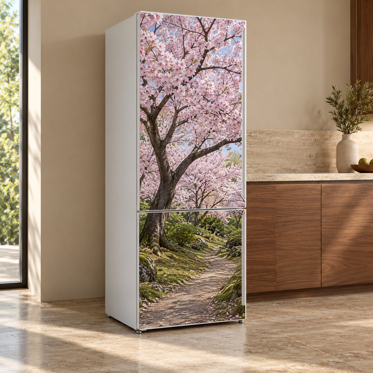 Cherry Blossom fridge wrap, refrigerator shown at an angle