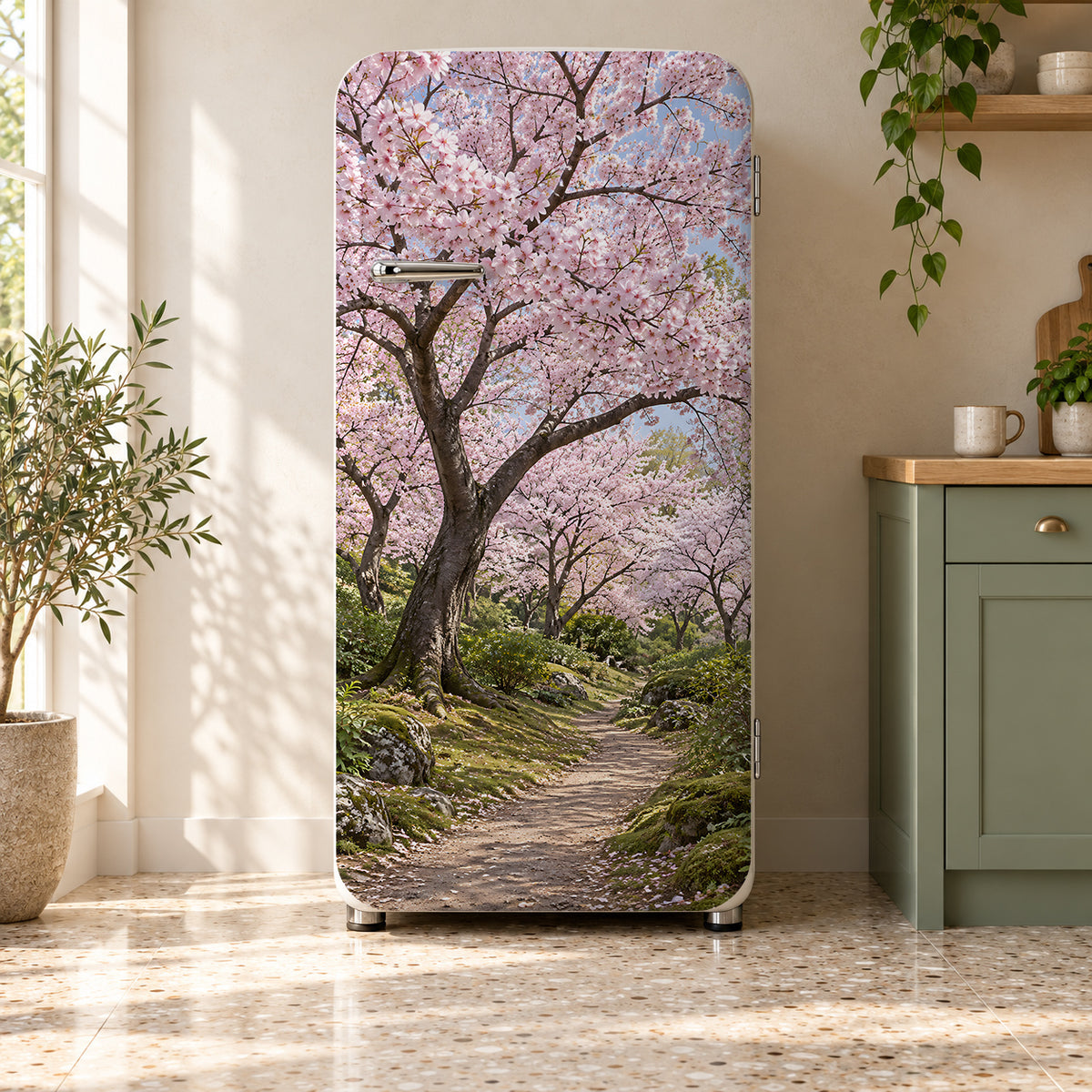 Cherry Blossom fridge wrap on a retro refrigerator