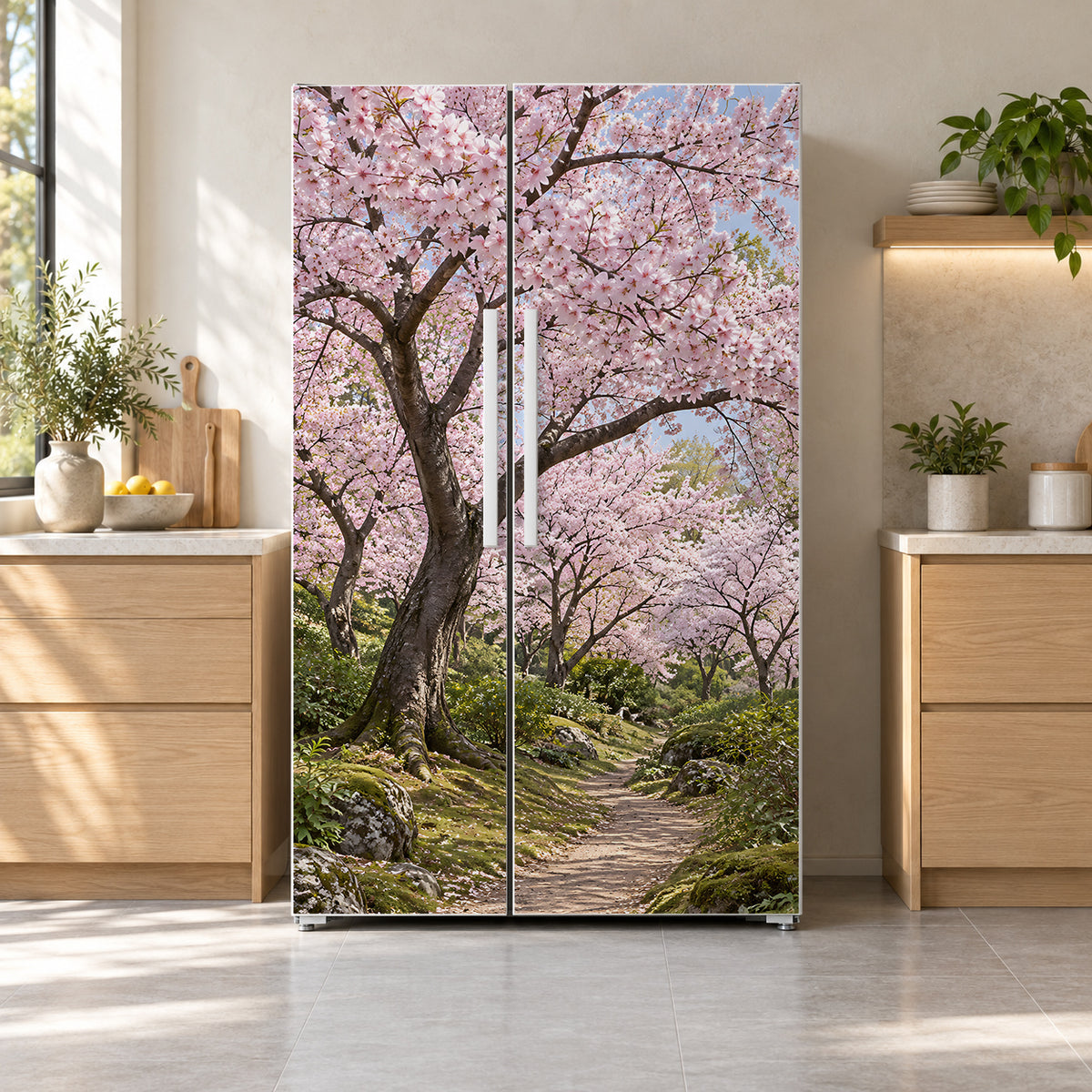 Cherry Blossom fridge wrap on a side-by-side refrigerator