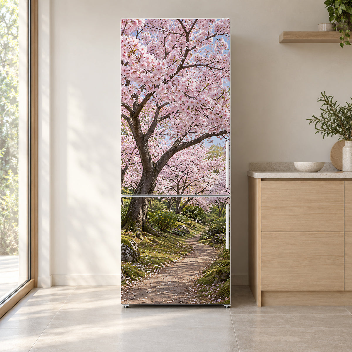 Cherry Blossom fridge wrap on a white refrigerator in a bright kitchen