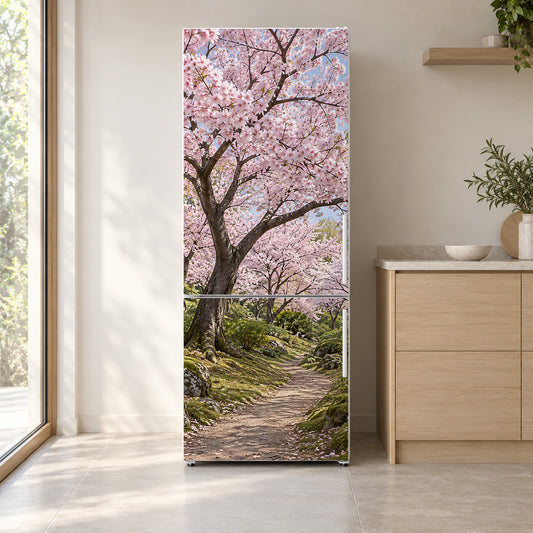 Cherry Blossom fridge wrap on a white refrigerator in a bright kitchen