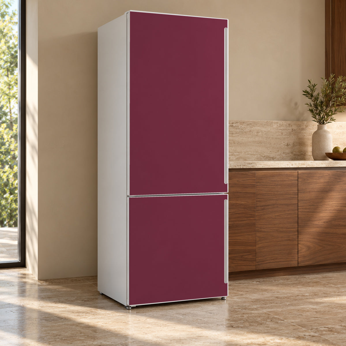 Cherry Burgundy fridge wrap, refrigerator shown at an angle