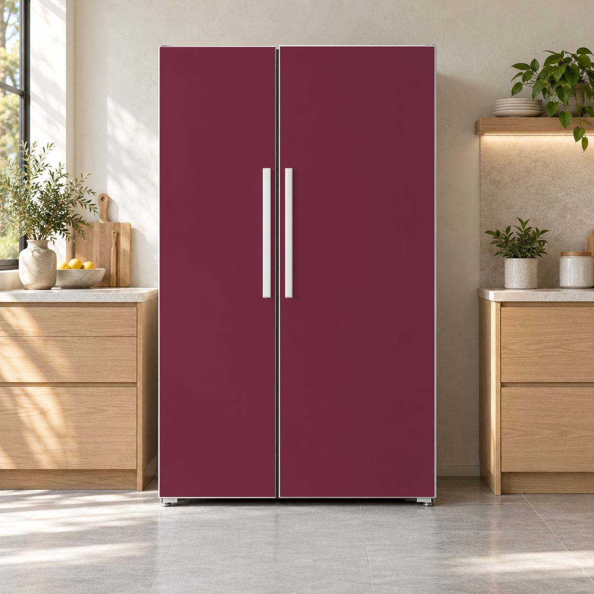 Cherry Burgundy fridge wrap on a side-by-side refrigerator