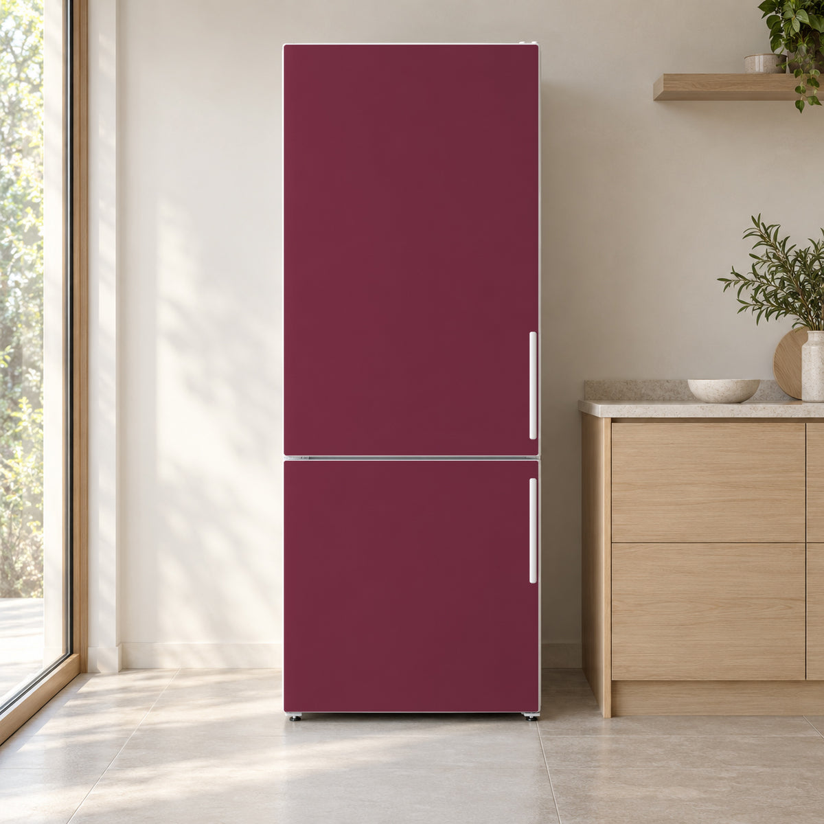 Cherry Burgundy fridge wrap on a white refrigerator in a bright kitchen