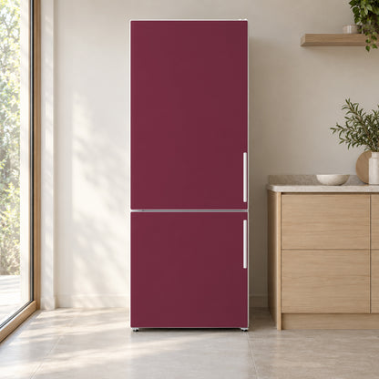 Cherry Burgundy fridge wrap on a white refrigerator in a bright kitchen